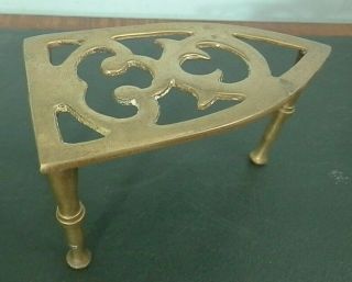 Vintage Pierced Solid Brass Trivet Plant Stand Tripod Triangle Iron - Shaped
