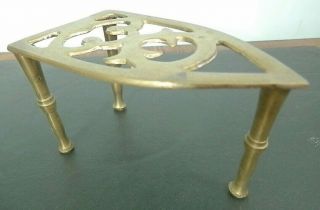 Vintage Pierced Solid Brass Trivet Plant Stand Tripod Triangle Iron - shaped 3