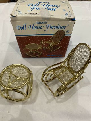 Vintage Antique Miniature Doll House Furniture Metal Brass Rocking Chair W Stool