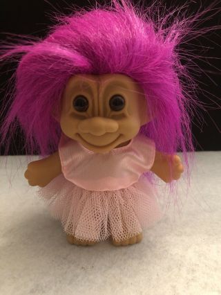 Vintage Russ 5 " Girl Troll Doll With Pink Dress Sash And Fushia Hair