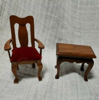 Vintage Dollhouse Wooden Side Table & Red Velvet Arm Chair Euc