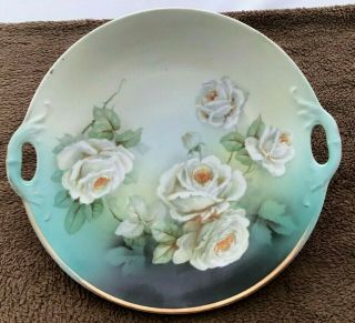 Vintage Signed Unmarked Green White & Gold W/flowers Handled Cake Plate 10 1/2”