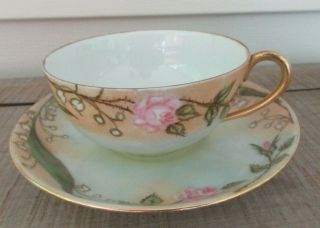 Vtg L.  M.  R.  Victorian Style Tea Cup And Saucer With Roses And Gold Trim