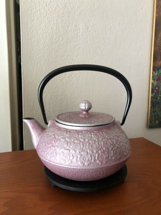 Very Rare Large Pink Teavana Castiron Cherry Blossom Teapot And Castiron Trivet