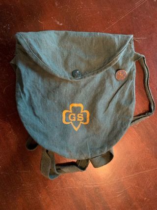 Vintage 1950 Girl Scout Mess Kit Canvas Pouch W/ Shoulder Strap And Antique Pin