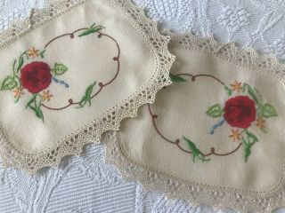 Antique Pair Doilies Hand Embroidered Roses Lace Trim 18cm / 7 "
