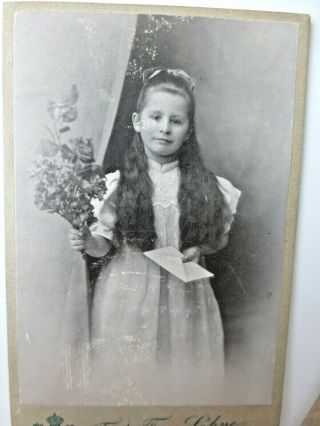 Antique Cdv Cabinet Photo Pretty Girl Long Hair Holds Flowers & Envelope Sweet