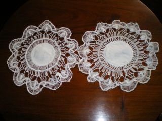 2 Doilies In Antique Hair Pin Work With Linen Center 11 " Across