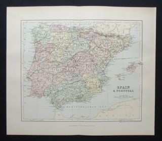 Antique Map: Spain & Portugal By W & A K Johnston,  1892,  Colour
