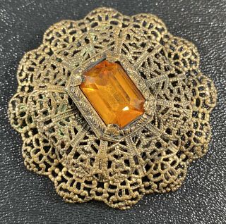 Vintage Antique Brooch Pin 2” Gold Tone Filigree Amber Rhinestone C Clasp Lot6