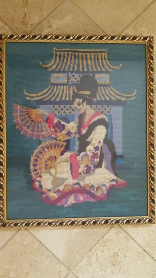 Vintage Handmade Tapestry Japanese / Chinese Lady In Front Of Temple Building