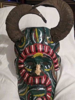 Rare Mexican Folk Art Carved Wood Mask Devil Real Goat Horns Vintage