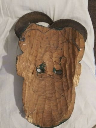 RARE Mexican Folk Art Carved Wood Mask Devil Real Goat Horns Vintage 2