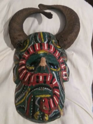 RARE Mexican Folk Art Carved Wood Mask Devil Real Goat Horns Vintage 3