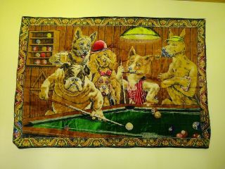Vintage Velvet Tapestry Wall Hanging Dtc Dogs Playing Pool Billards Rare 56 X 38