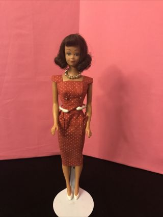 Vintage Barbie Rust Polka Dot Pak Sheath Dress Shoes,  Necklace - Vgc (no Doll)
