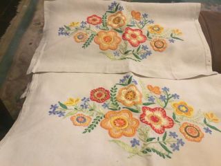 Pair Vintage Hand Embroidered Chair Back Covers Unusual Work