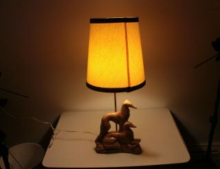 Vintage Brown Ceramic Table Lamp Two Greyhounds Whippets Rare