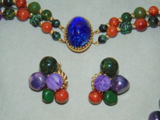 Rare Vintage Signed Hattie Carnegie Purple Green Blue Cabochon Necklace Earrings 2