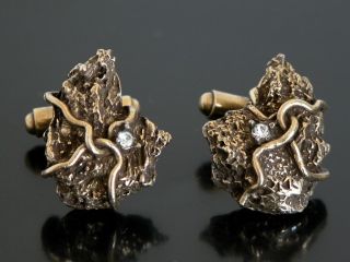 Rare Vtg 70s Cufflinks White Gold Tone Nugget Jeweled Cuff Links Hipster Bling