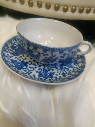 Vintage Blue And White Tea Cup With Saucer Phoenix Pattern - Japan