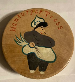 1950s Wooden Hinged Hamburger Press Folk Art Obese Chef Character 5 " Vintage