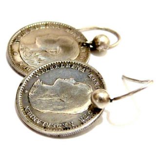 Antique Victorian Silver Coin Earrings Netherlands 1892 1893 10 Cents Scrap Wear