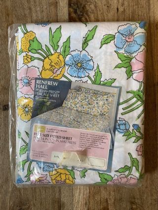 Vintage Renfrew Hall By Sears Perma Prest Percale Floral Double Fitted Bed Sheet