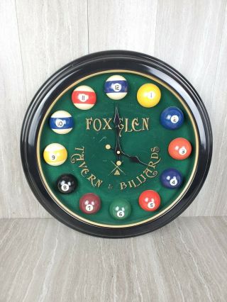 Vintage Fox Glen Tavern & Billiards Pool Balls 18 " Man Cave Bar Wall Clock Rare