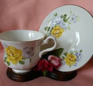 Vintage Royal Grafton Yellow/blue Florals Bone China Tea Cup & Saucer Set