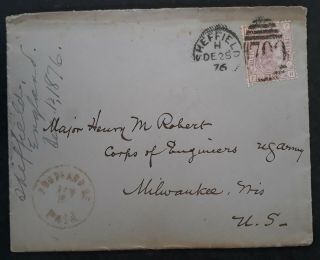 Rare 1876 Great Britain Cover Ties 2 1/2d Qv Stamp Sheffield 700 Duplex Cds