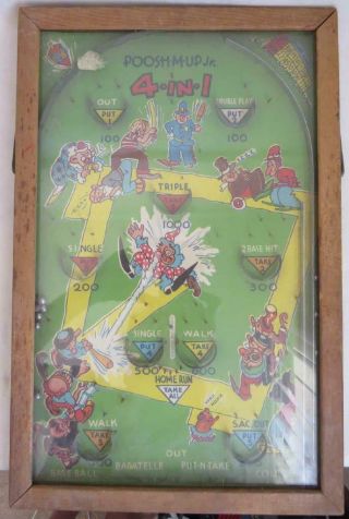 Vintage 1930s Poosh - M - Up Jr.  Table Top Pinball 4 - In - 1 Game Baseball Rare