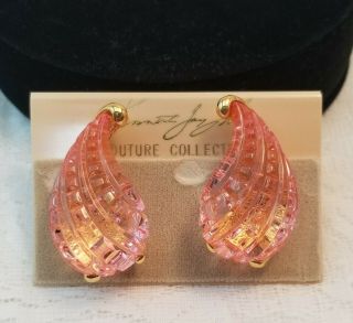 Rare Vtg Kjl Kenneth Lane Clip Earrings Large Pink Lucite Jewelry Ooc