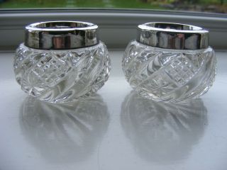 Vintage Cut Glass Open Salts With Silver Plated Rims