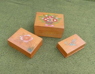 Three Vintage Wooden Trinket Boxes With Hand Painted Floral & Foliate Designs