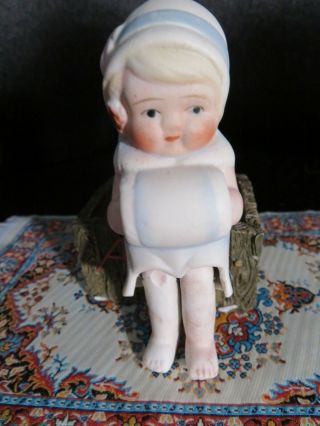 Antique Vintage Snow Baby All Bisque Doll 4 1/2 " Precious