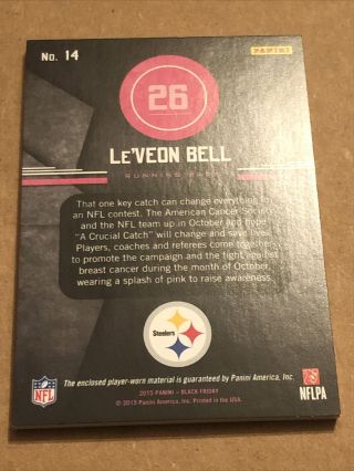 2015 Panini Black Friday Leveon Bell Breast Cancer Game Worn Material Card Rare 3