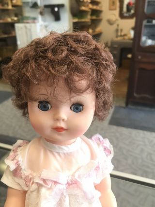 Cute Vintage 11” Hard Plastic Baby Doll Brown Rooted Hair Sleep Eyes Dress