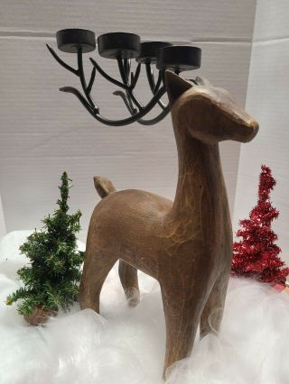 Vtg Reindeer Candle Holder For Tea Lights In All Wood Carving.