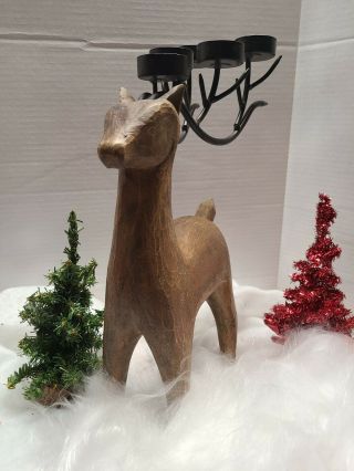 Vtg Reindeer Candle Holder for Tea Lights in all Wood Carving. 2