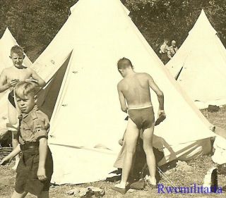 Rare Young German Uniformed Pimpf Boys Setting Up Tents At Camp In Field