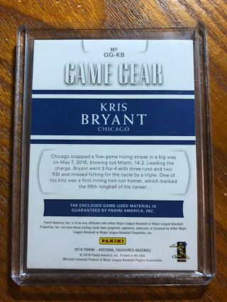 2018 National Treasures Kris Bryant Game Worn Dual Patch 4/5 Cubs RARE 2