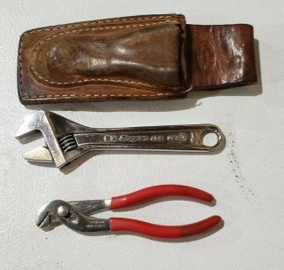 Snap On 6 " Adjustable Wrench 105 Slip Pliers In Rare Custom Leather Pouch