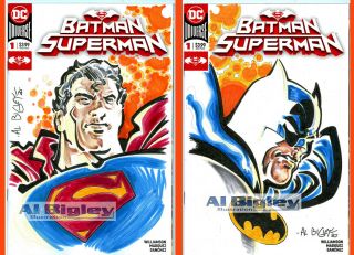 Rare Superman And Batman Color Sketch Cover Set Dc Al Bigley Art