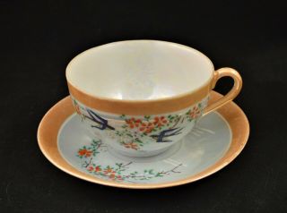 Antique Japan Eggshell Hand Painted Perlized Cup And Saucer Set