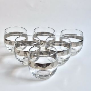 6 RARE MCM Roly Poly ZODIAC Dorothy Thorpe Style Silver Band Cocktail Glasses 2