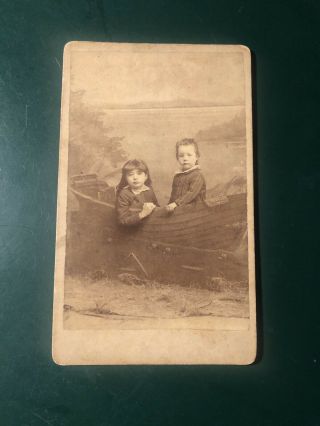 Antique 1880 Sepia Tone Cabinet Card Photo Girls In Canoe Studio Image