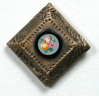 Antique Square Brass Button W Hand Painted Glass Flowers Medallion Center - 3/4 "
