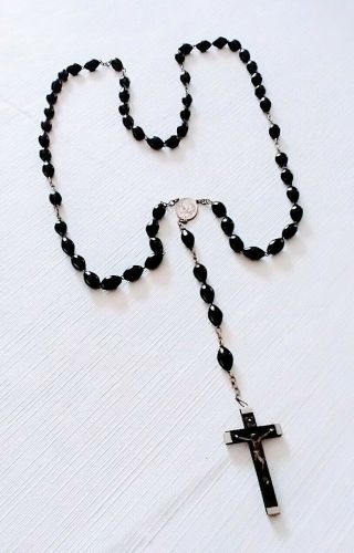 Antique Vintage Rosary Rome Italy W Large Black Wood Beads And Very Long 29 "