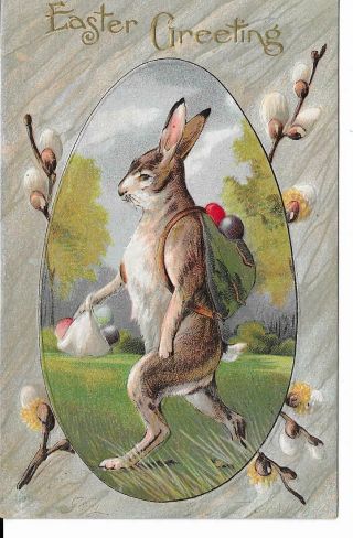 Antique Embossed Easter Postcard Bunny Walking,  Backpack With Colored Eggs